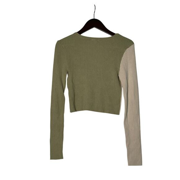 Garage Sweater Women's Green/Beige Small LS Cropped Ribbed Colorblock Streetwear - Picture 2 of 5
